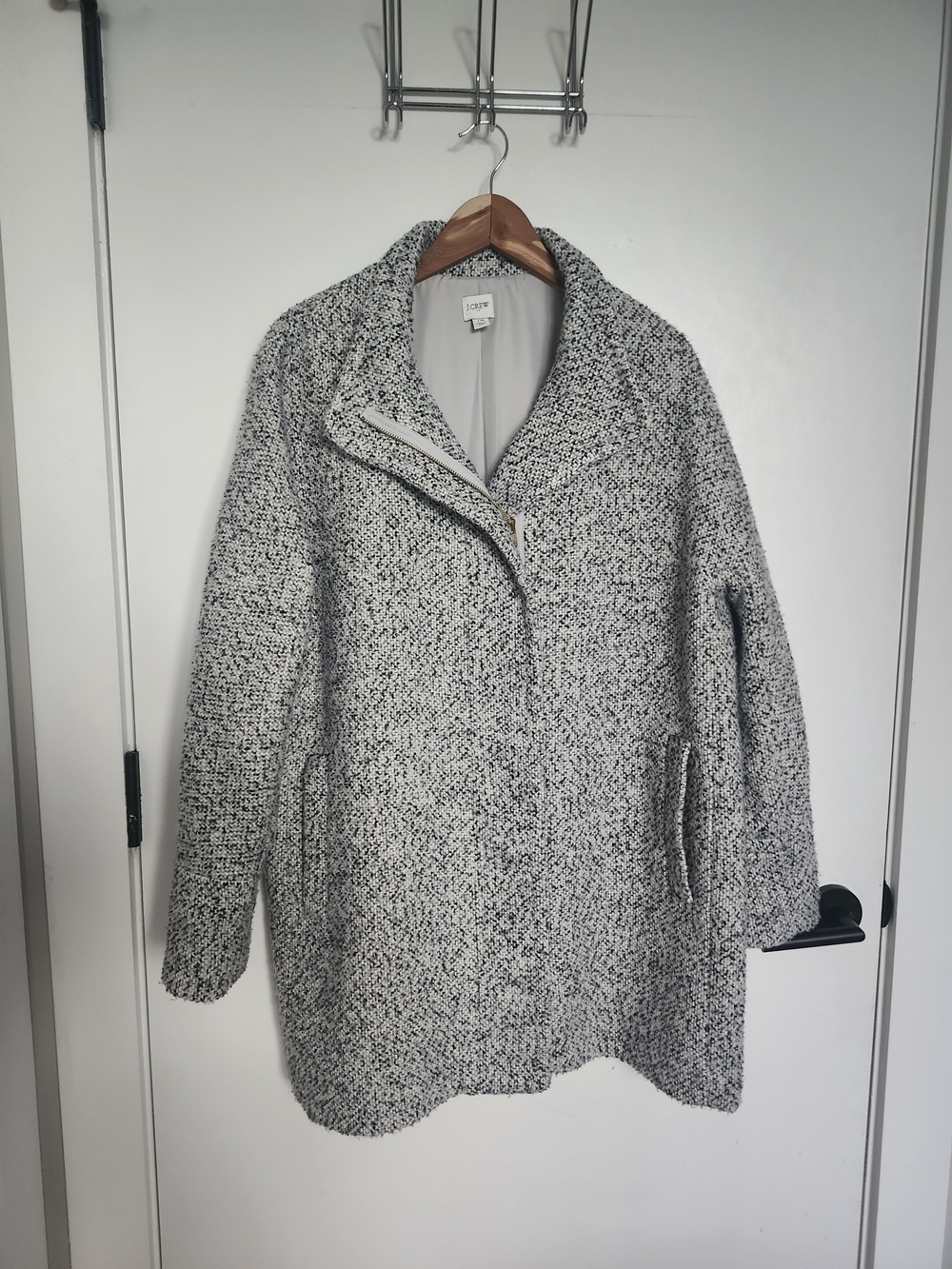 J. Crew Bouclé Asymmetric Zip Pea Coat in Black and White